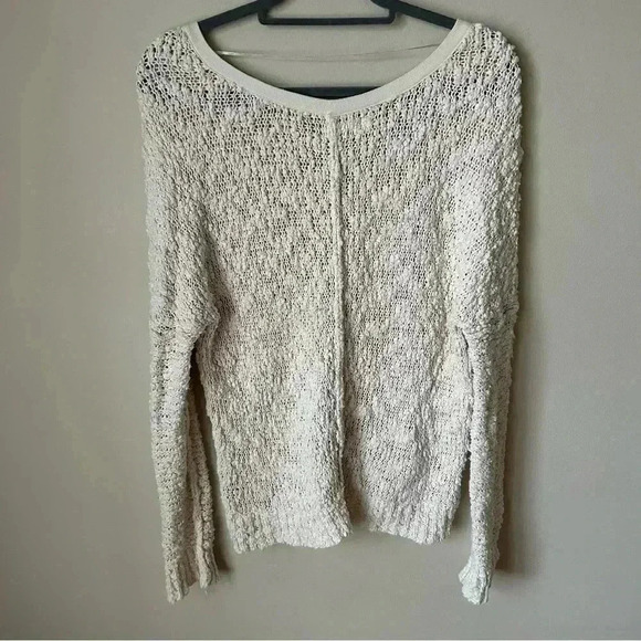 Free People Cream Open Knit Popcorn Texture V Neck Chunky Oversized Sweater XS - Picture 7 of 8
